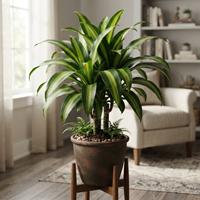 Planta de maíz (Dracaena fragrans) en maceta sobre soporte de madera en una sala iluminada, ideal para decoración de interiores moderna.