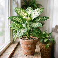 Planta Dieffenbachia saludable con hojas grandes y variegadas en tonos verdes y crema, ubicada en una maceta de terracota sobre una superficie de madera junto a una ventana iluminada.