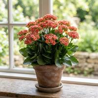Planta Kalanchoe con alegres flores rojas y hojas carnosas en maceta de terracota junto a una ventana luminosa