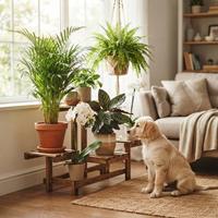 Cachorro golden retriever sentado junto a palmera areca helecho de boston calathea y orquideas sala de estar hogar pet friendly
