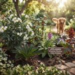 Imagen de un jardín exterior con un letrero de advertencia que dice "¡Peligro! Plantas tóxicas para perros", rodeado de especies peligrosas como adelfas, cicas y hiedra, mientras un perro se acerca al fondo.