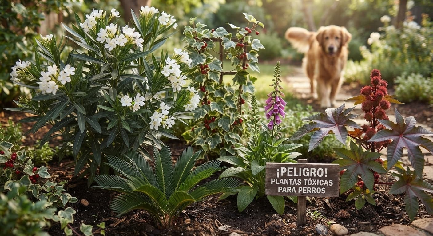 Imagen de un jardín exterior con un letrero de advertencia que dice "¡Peligro! Plantas tóxicas para perros", rodeado de especies peligrosas como adelfas, cicas y hiedra, mientras un perro se acerca al fondo.