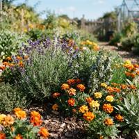 Plantas decorativas y seguras para perros, como lavanda y caléndulas floreciendo en el jardín, ideales para un entorno libre de riesgos.