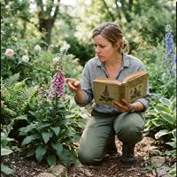 Persona investigando en un libro de botánica junto a una planta de dedalera para comprobar si es tóxica para los perros y evitar riesgos en el jardín.