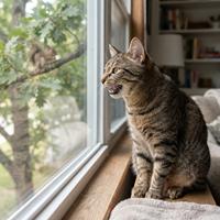 Gato mirando fijamente a través de la ventana y emitiendo sonidos entrecortados al ver una ardilla afuera