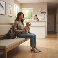 mujer joven esperando con su cachorro tranquilo en la sala de espera de una clinica veterinaria luminosa a primera hora de la mañana